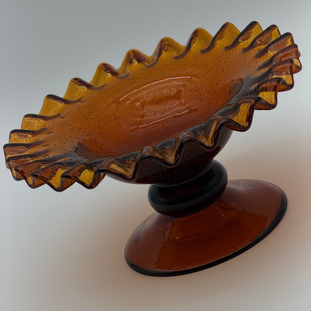 Vintage Amber Blown Glass Compote Ruffled Edge Seeded Bubble Pedestal Candy Dish